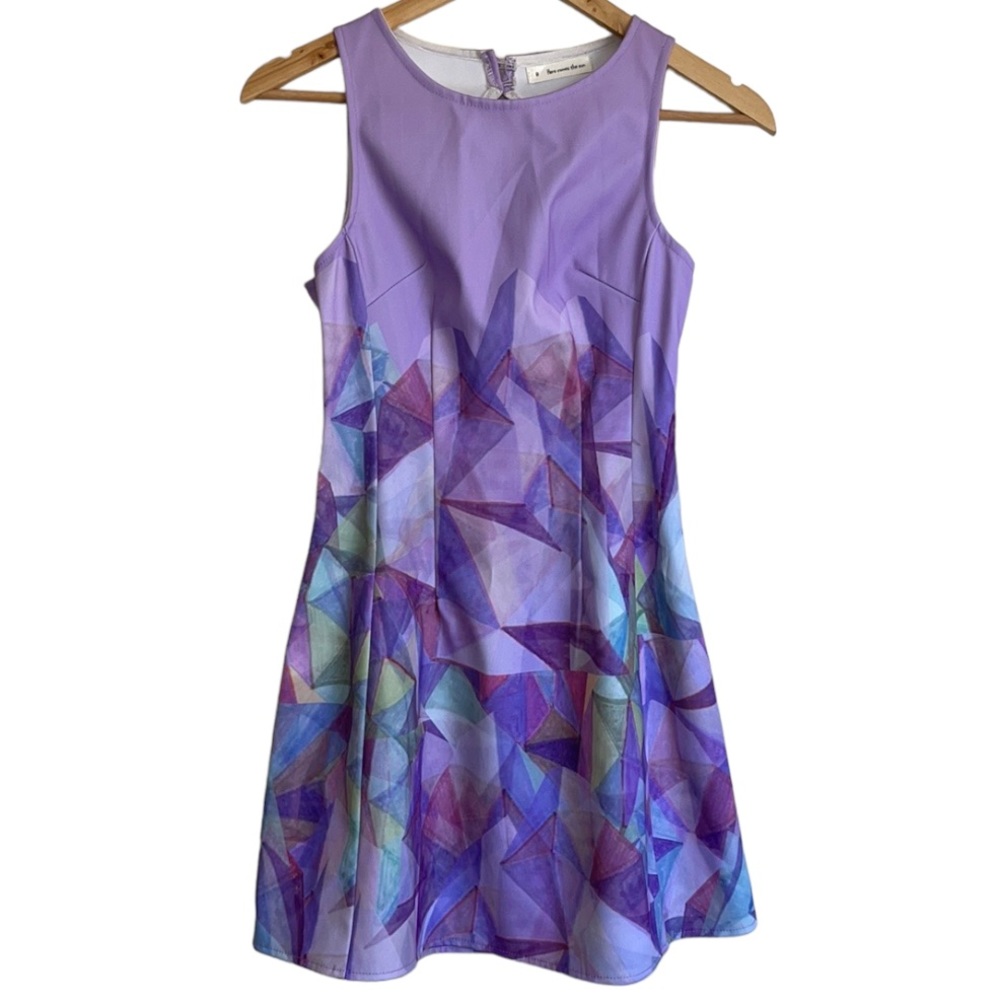 HERE COMES THE SUN | Purple watercolour geometric skater dress - Picture 1 of 8